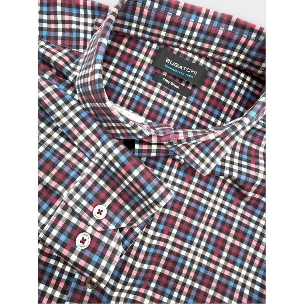 Bugatchi Button Down Mens Large Wine Blue Check OoohCotton Tech 8-Way Stretch EX